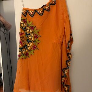T.Tandon Embroidered One-Shoulder Orange Mini Dress